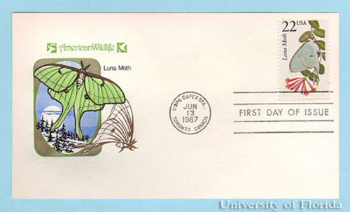 In 1987, the United States Post Office issued a first class stamp with the image of the luna moth, Actias luna (Linnaeus).